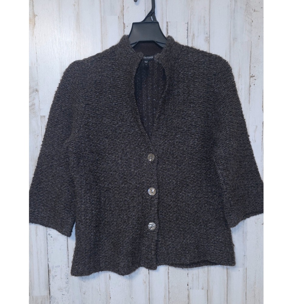 Eileen Fisher S Button cardigan Sweater Merino Wool Alpaca 3/4 sleeve Minimalist
